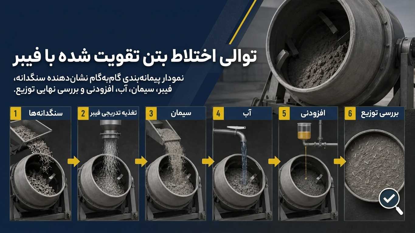 توالی اختلاط بتن تقویت‌شده با فیبر — سنگدانه، تغذیه تدریجی فیبر، سیمان، آب، افزودنی و بررسی توزیع